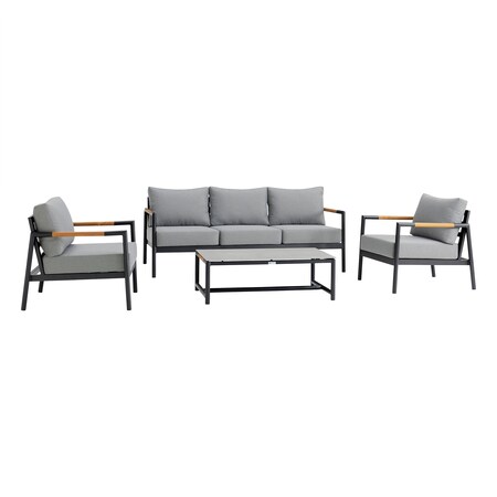 Armen Living Royal 4 Piece Black Aluminum and Teak Outdoor Seating Set with Dark Gray Cushions 840254332829